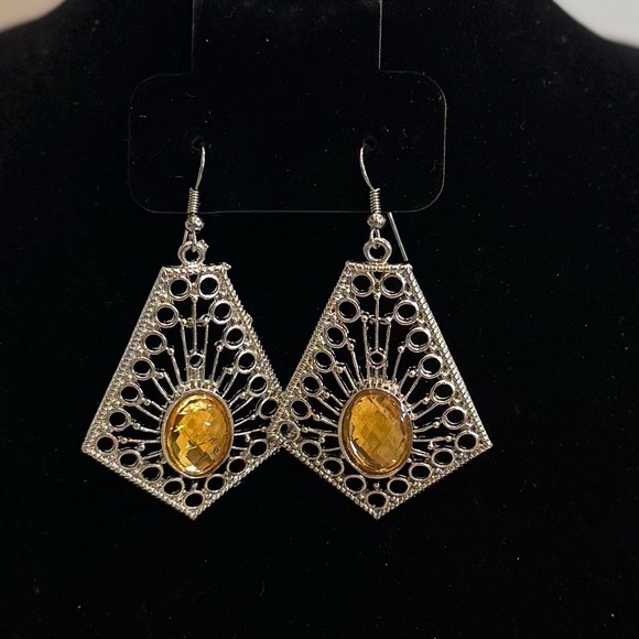 Geometric Sunburst Earrings – Silver Tone with Golden Yellow Stone - Picture 2 of 2